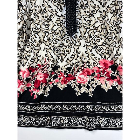 JM Collection Floral Studded Embellished Tunic Blouse Top Size MP Red Tan - Picture 3 of 10